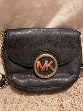 Michael Kors Black Pebbled Leather Crossbody with Gold MK Emblem